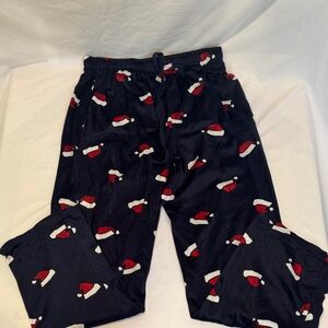Kids Santa Hat Print Velvety Pajama Bottoms Navy Blue Red Holiday‎ Sleepwear M
